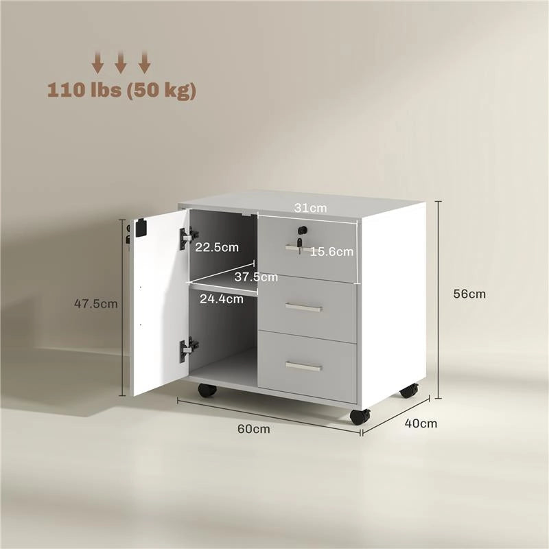 SCHEDARIO PER UFFICIO CON 3 CASSETTI E ARMADIETTO CON 3 RIPIANI REGOLABILI, IN LEGNO, 60X40X56 CM, BIANCO