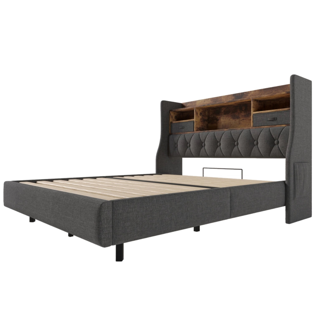 Letto imbottito 160 x 200 cm con LED; USB; Type-C e vano portaoggetti; lino grigio