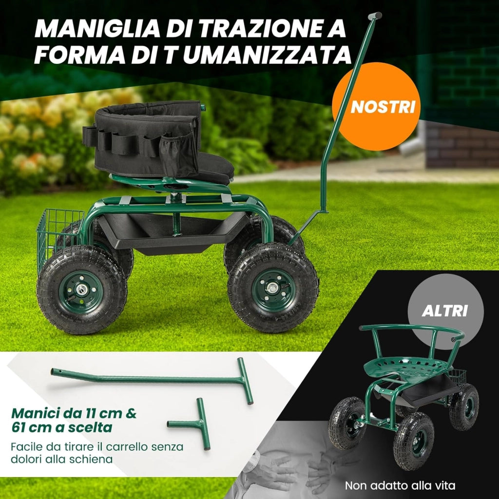 Sgabello per Giardinaggio con Ruote, Carrello da Giardino Regolabile in Altezza con Sedile Girevole a 360, Cuscino, 2 Maniglie di Sterzo e Vassoio Porta Utensili