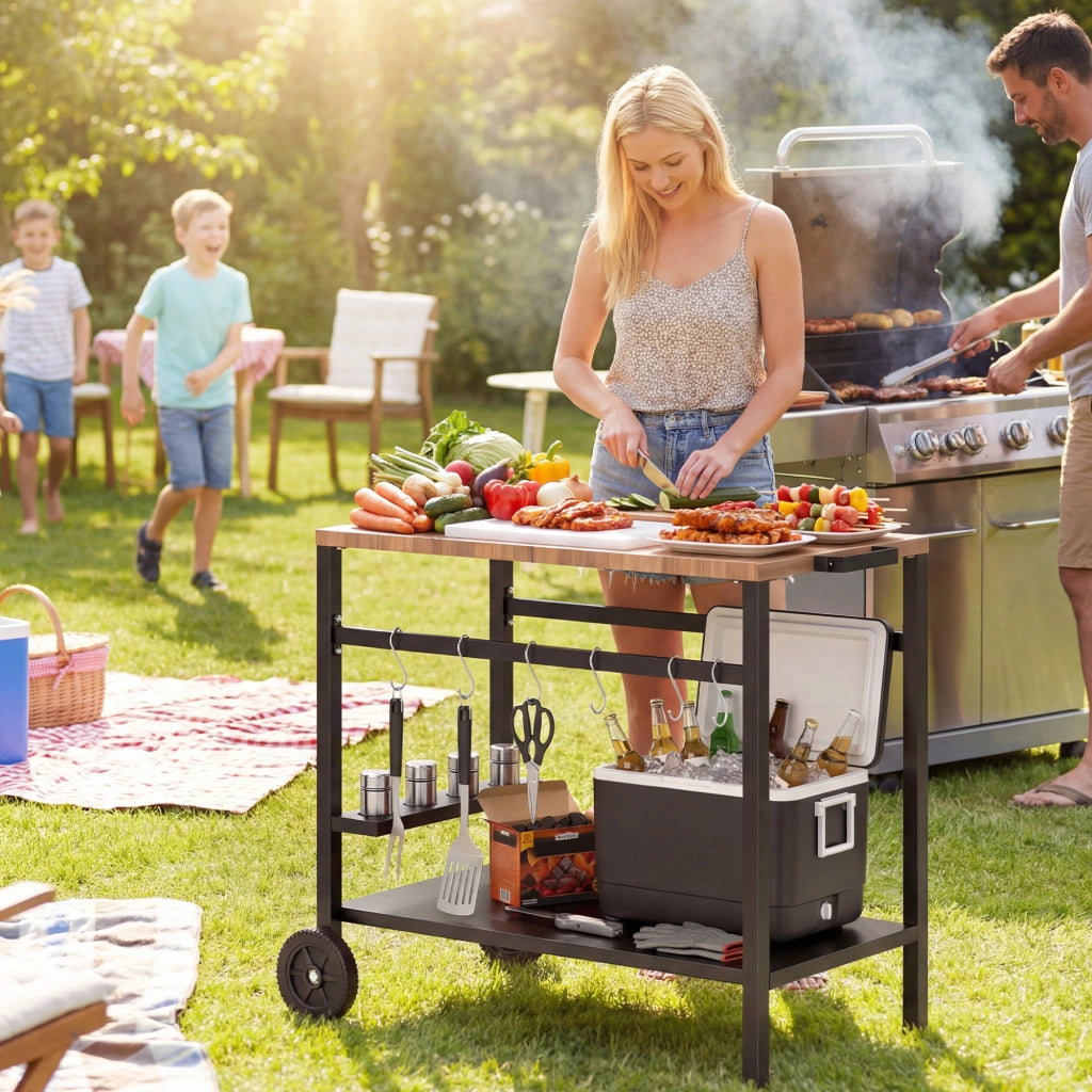 Carrello per Barbecue 2 Livelli con Ruote ¨C zephmum ¨C Nero e Marrone