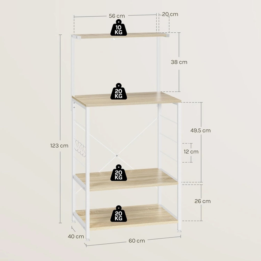 Scaffale per Cucina in Acciaio Legno 4 Ripiani Carrello per Microonde Scaffalature Organizzatore 60x40x123 cm