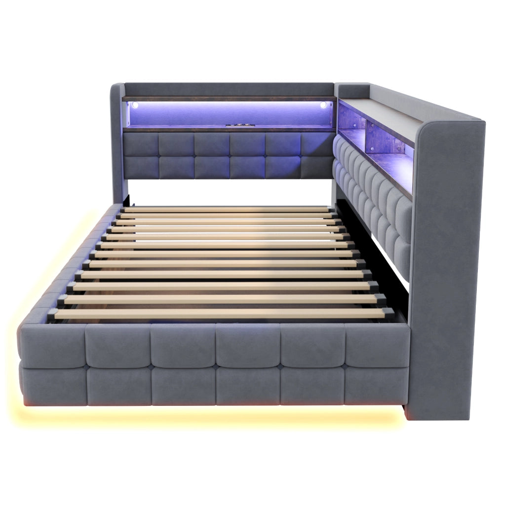 Divano letto imbottito 90x200 cm con LED e ricarica USB-C