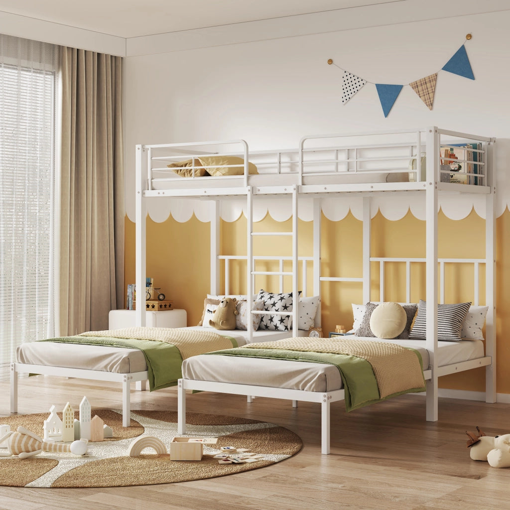 OKWISH Letto a Castello 90×200 cm, Letto 3 Posti con Scala, Sponde di Sicurezza e Tavolo, senza Materasso, in Metallo, Bianco
