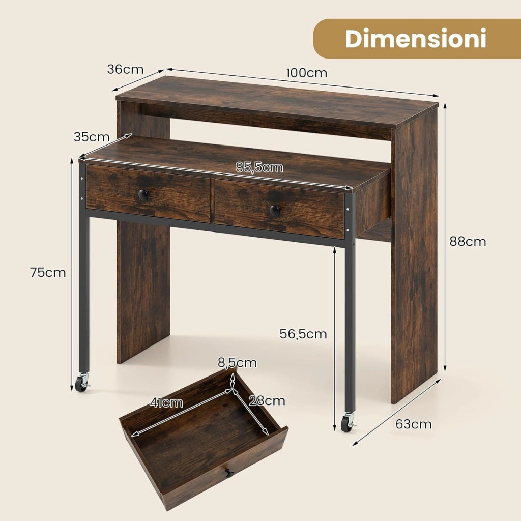 Scrivania per Computer, Tavolo Salvaspazio Retrattile con Cassetti e Ruote Universali Bloccabili, 100 x 63 x 88 cm, Desk Gaming per Ufficio, Soggiorno e Camera da Letto (Marrone)