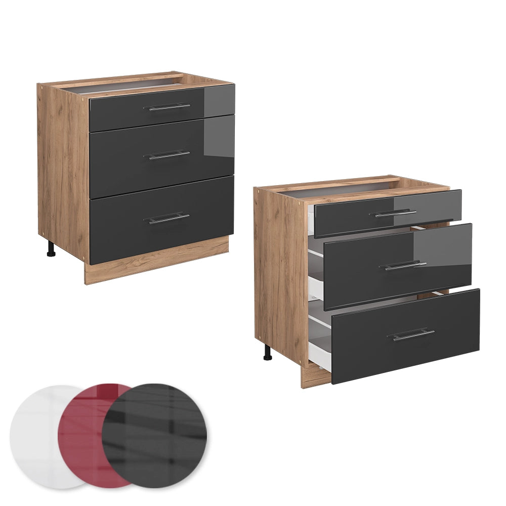 Mobiletto base per cucina Fame-Line Antracite lucido/Rovere dorato 80 cm con 3 cassetti, senza piano di lavoro Vicco