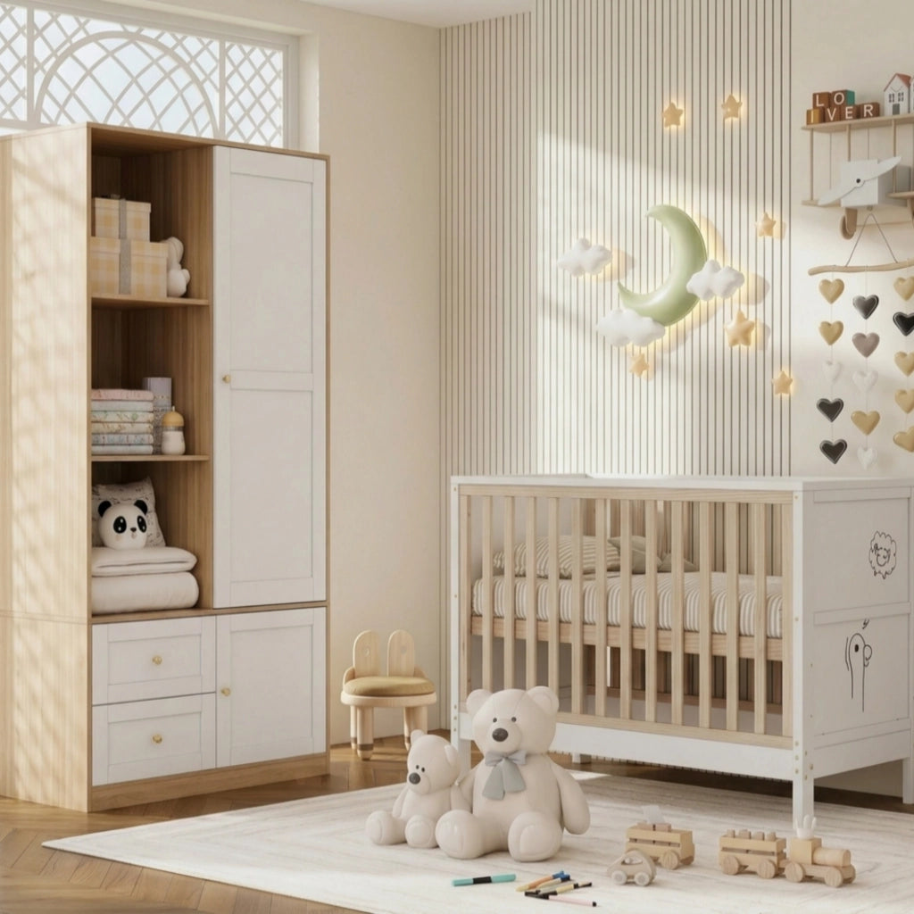 LETTINO E ARMADIO Set 2 pezzi 120x60x90 cm / 90x50x180 cm Bianco/Naturale