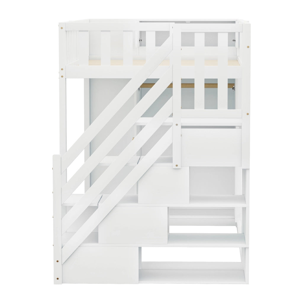 DESMIU Letto a soppalco 1 posto con armadio, scaffali e scala contenitore 90 × 200 cm, senza materasso, bianco