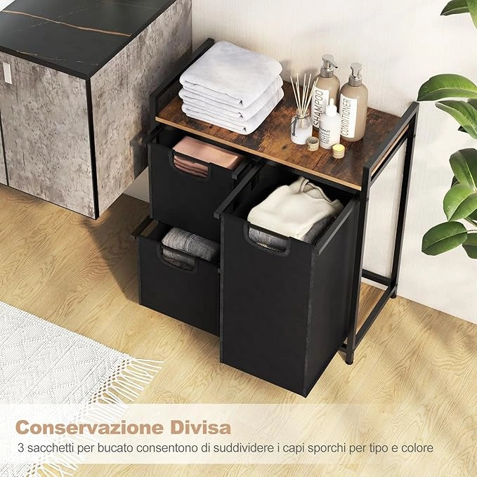 Cesto Portabiancheria Salvaspazio, Portabiancheria con Piano e 2/3 Sacche Estraibili e Rimovibili, Cesta Panni Sporchi con 2/3 Scomparti per Lavanderia Bagno (3 Scomparti)
