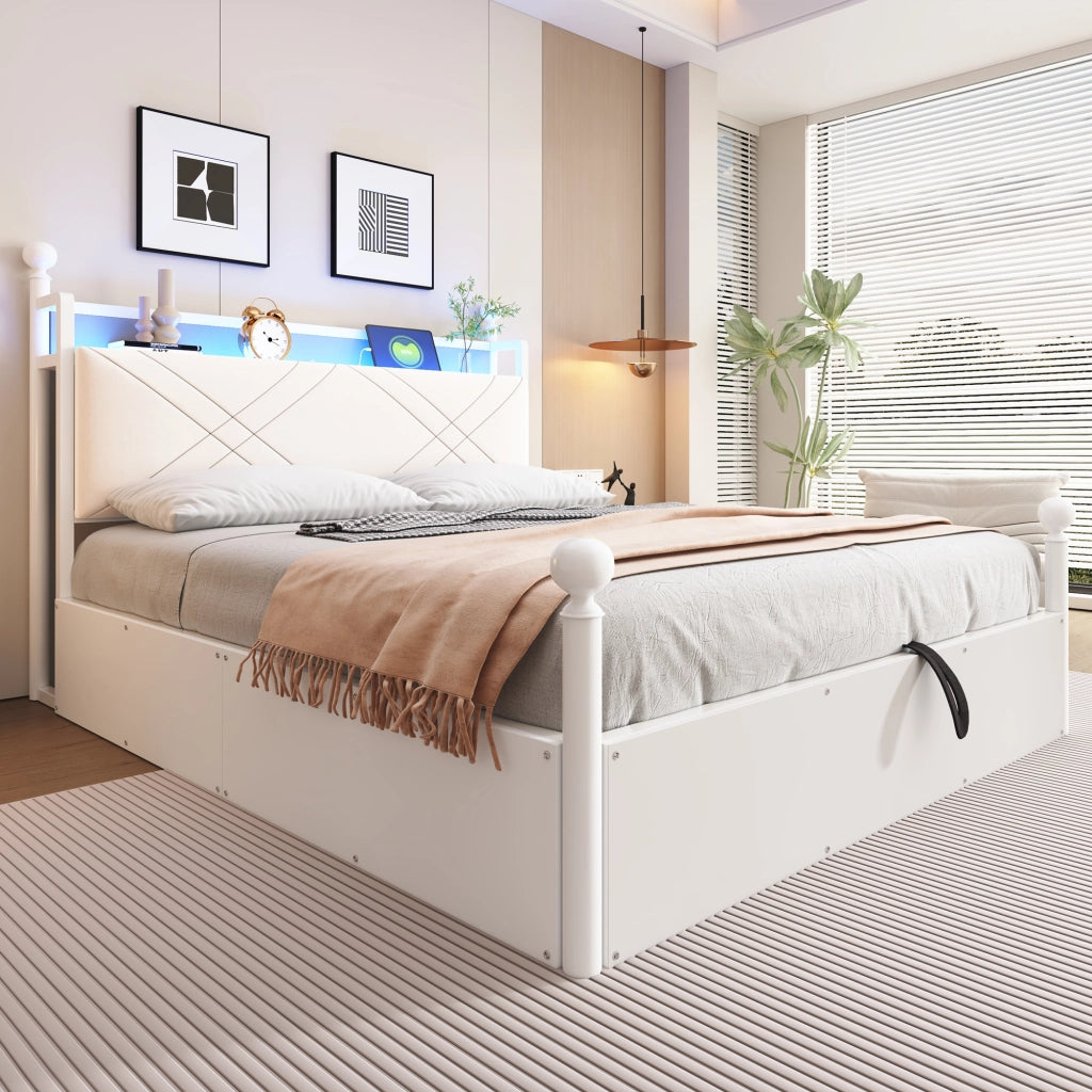 Letto Contenitore 140x190 cm con LED; USB; Type-C e Baldacchino rimovibile; Bianco