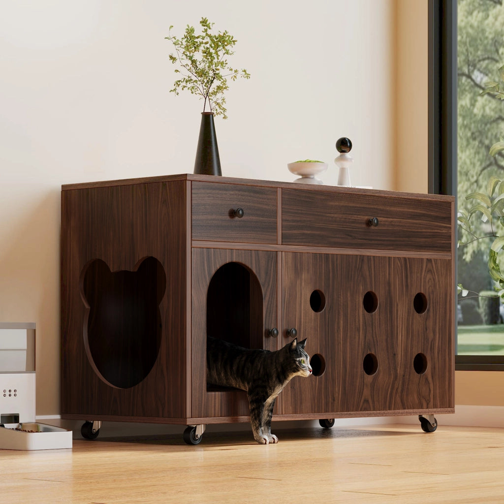 Mobile copri lettiera per gatti con 2 cassetti e vaschetta estraibile, per soggiorno, in MDF, noce, 100 × 45 × 66 cm