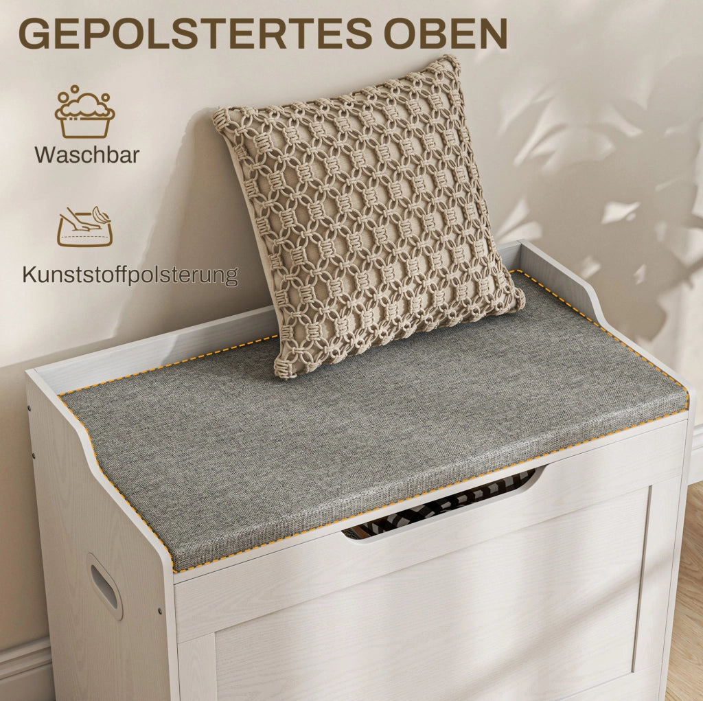 Panca contenitore con coperchio e cuscino removibile; 75 x 40 x 56 cm; bianca