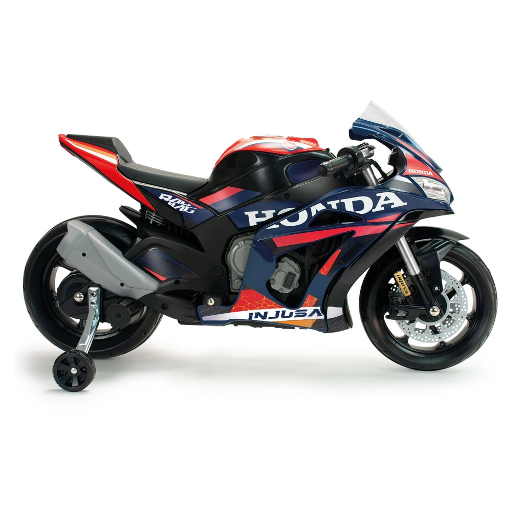 Moto Elettrica per Bambini 12V Honda Competición con Luci Suoni e Ruote Stabilizzatrici Blu