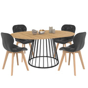 IDMarket - Set tavolo da pranzo rotondo allungabile YUNA con piano in legno e gamba in filo metallico 110-150 cm e 4 sedie ROBINE PU nere