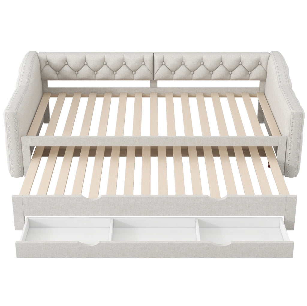 Letto da giorno 90x200 cm con LED; letto estraibile e cassetti in MDF e lino beige