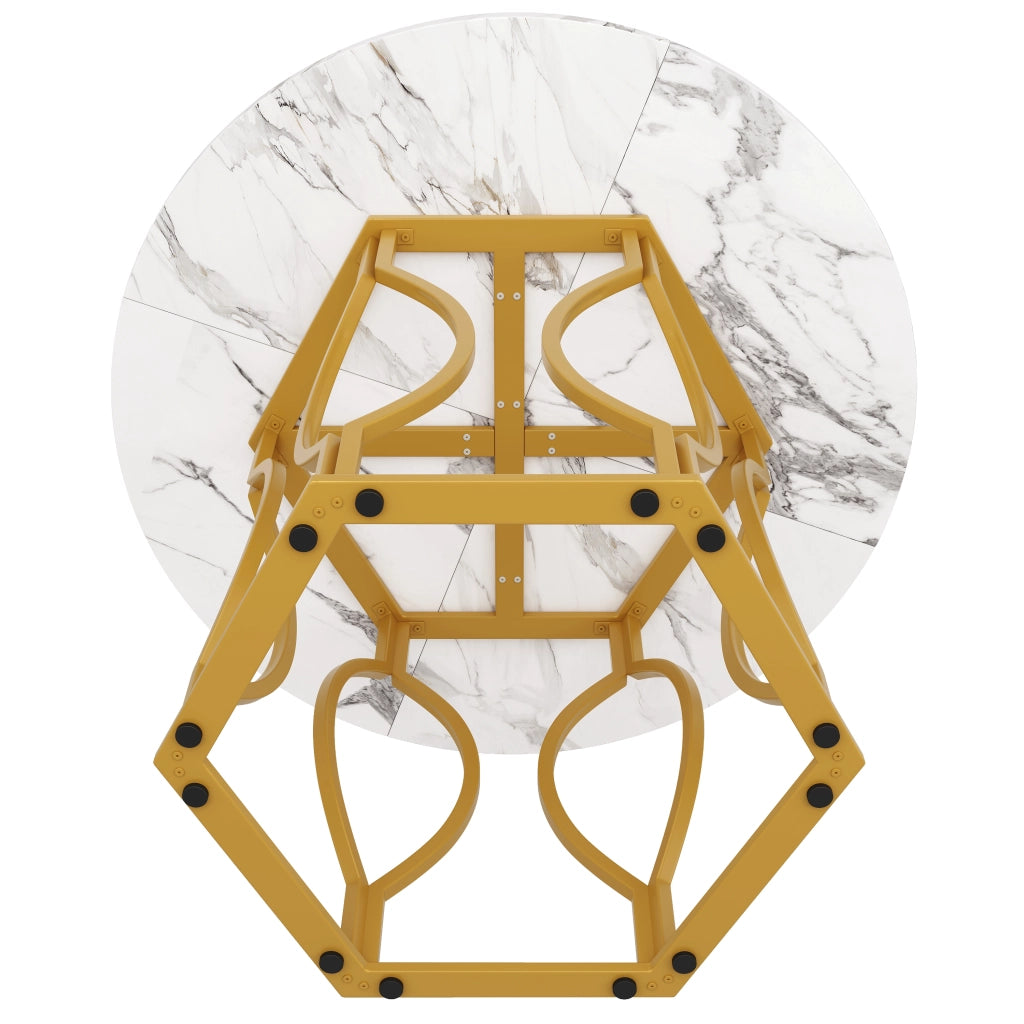 Tavolo da pranzo rotondo con piano in MDF e gambe in ferro, per cucina e soggiorno, bianco e oro, 100 × 100 × 76 cm