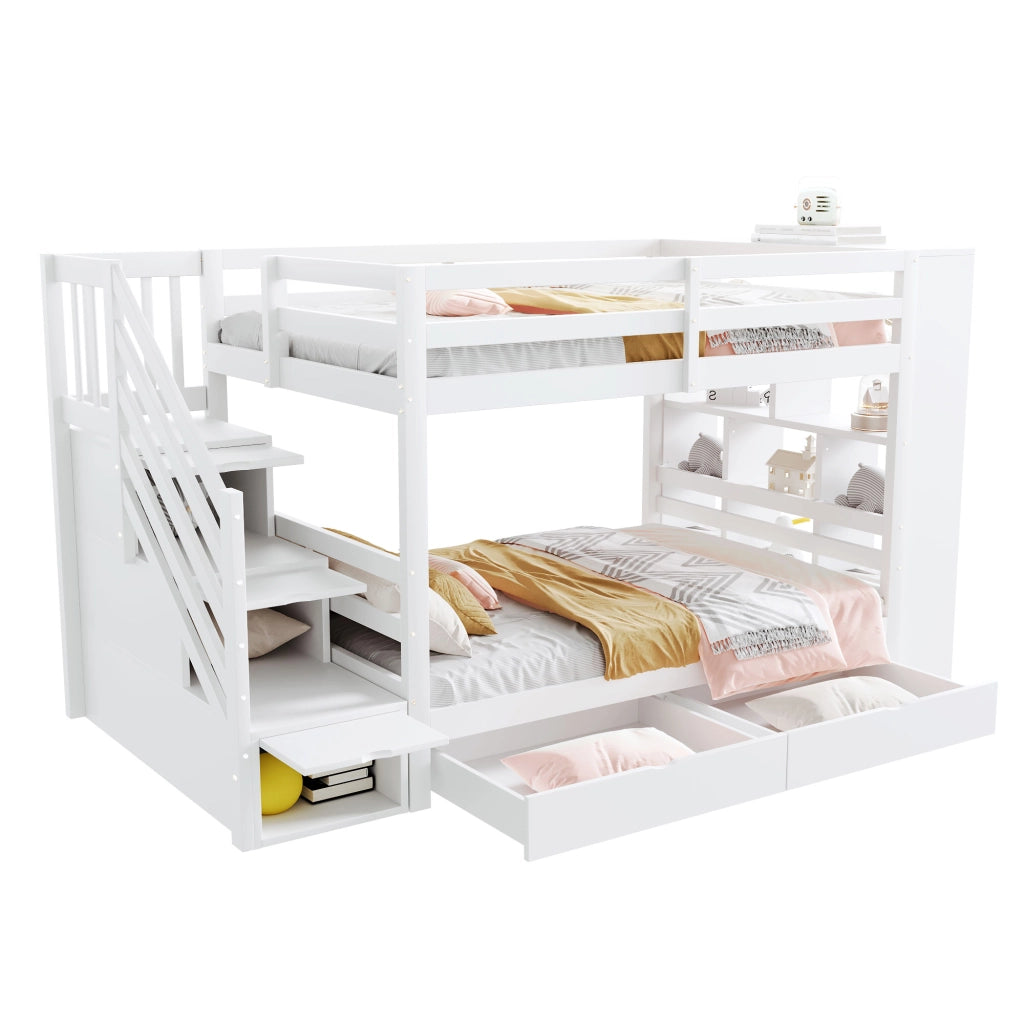 Letto a Castello 90x200 cm con Scale; Cassetti e Scomparti - in Legno - Bianco