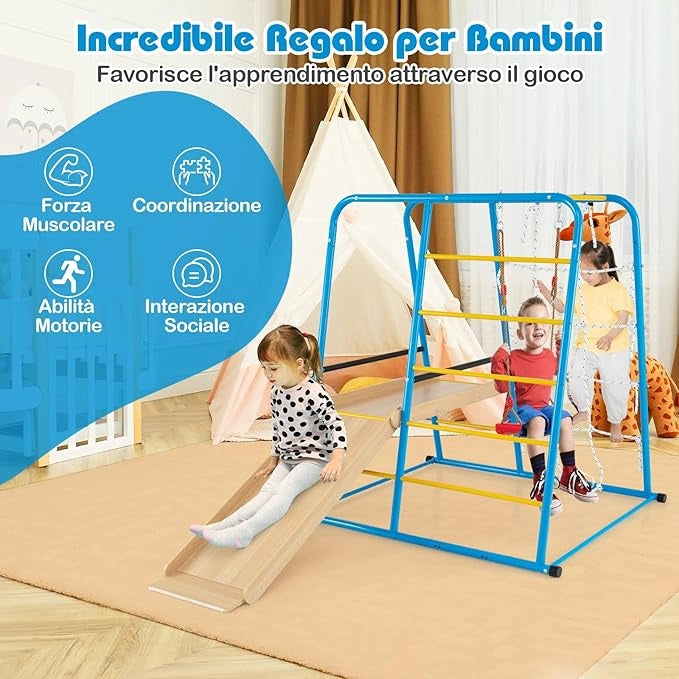6 in 1 Set da Arrampicata per Bambini, Set Giocattoli di Metallo con Scivolo Altalena Sbarre Scala da Arrampicata e Parete di Corda, Parco Giochi per Bambini 3 Anni+