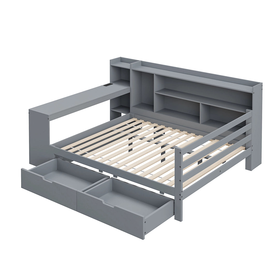 Letto divano 140 × 200 cm con scrivania, scaffali, 2 cassetti, prese USB e contenitore, senza materasso, grigio