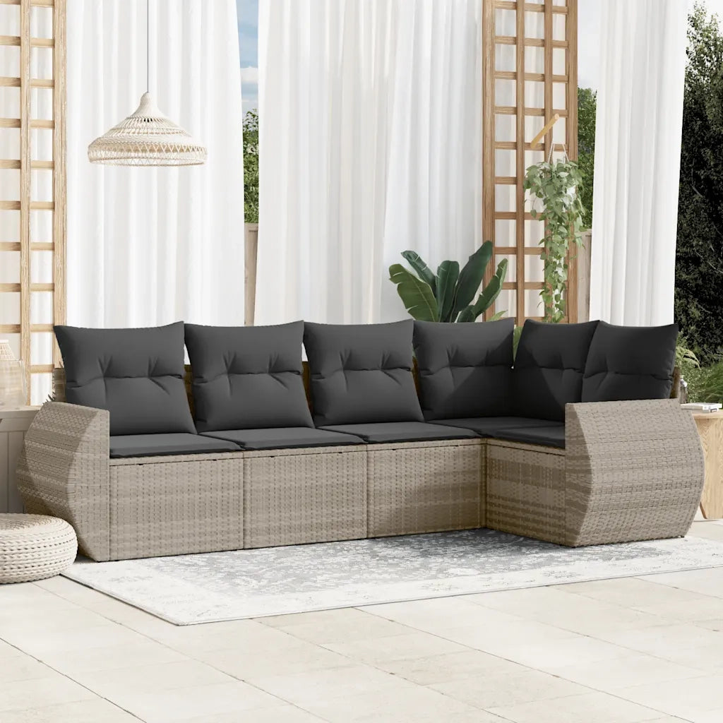 Set Divano da Giardino 5pz con Cuscini Grigio Chiaro Polyrattan