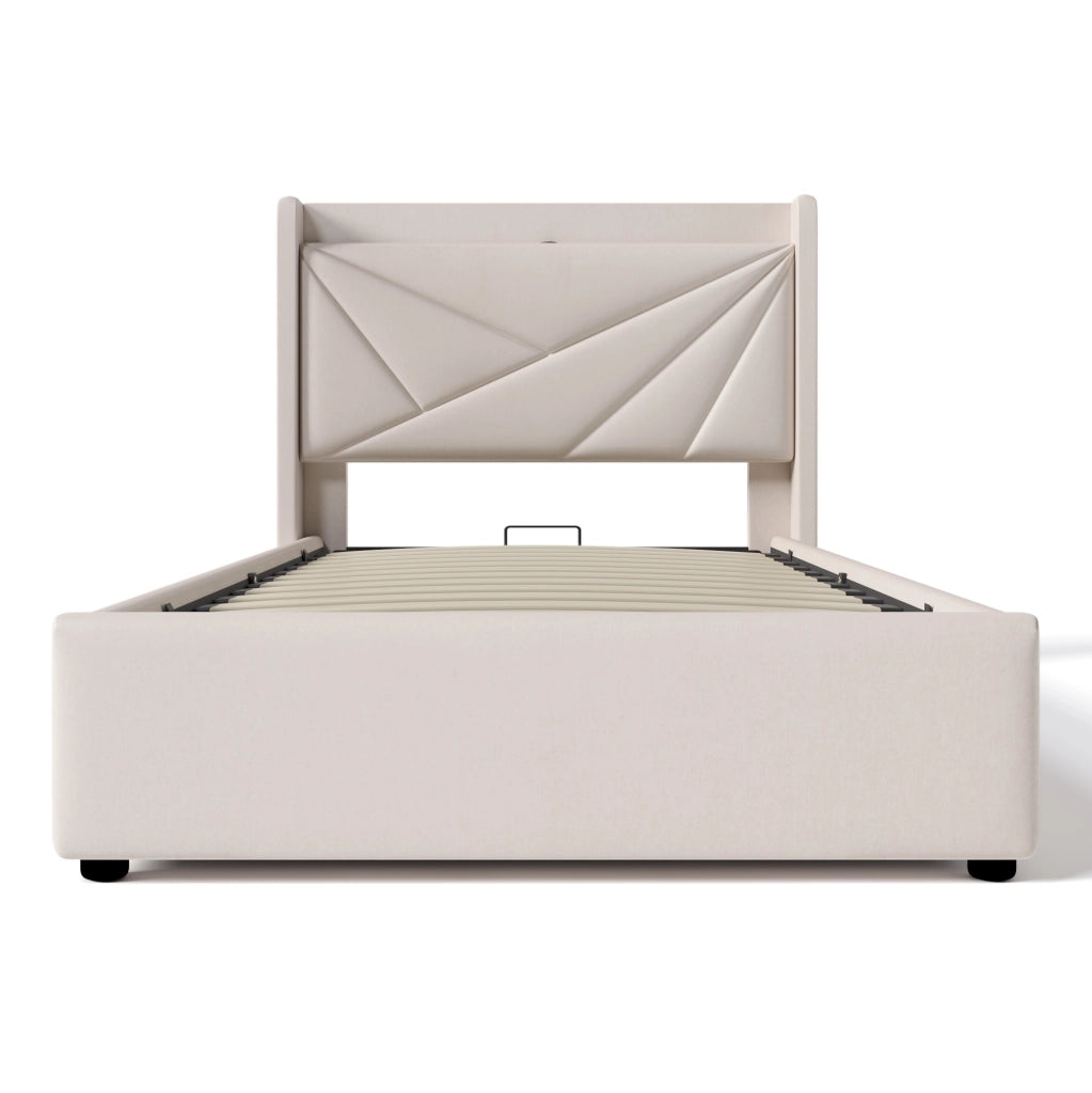 Letto singolo con contenitore 90x200 cm in cotone lino beige; testiera con USB e Tipo C