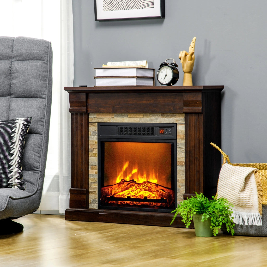 Camino Elettrico da Terra 80x21,6x67,8 cm con Timer Effetto Fiamma e Temperatura Regolabile in Legno e Metallo Marrone