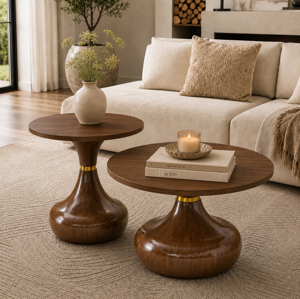 Set di 2 tavolini rotondi color noce in MDF e metallo, Ø 70 e 50 cm