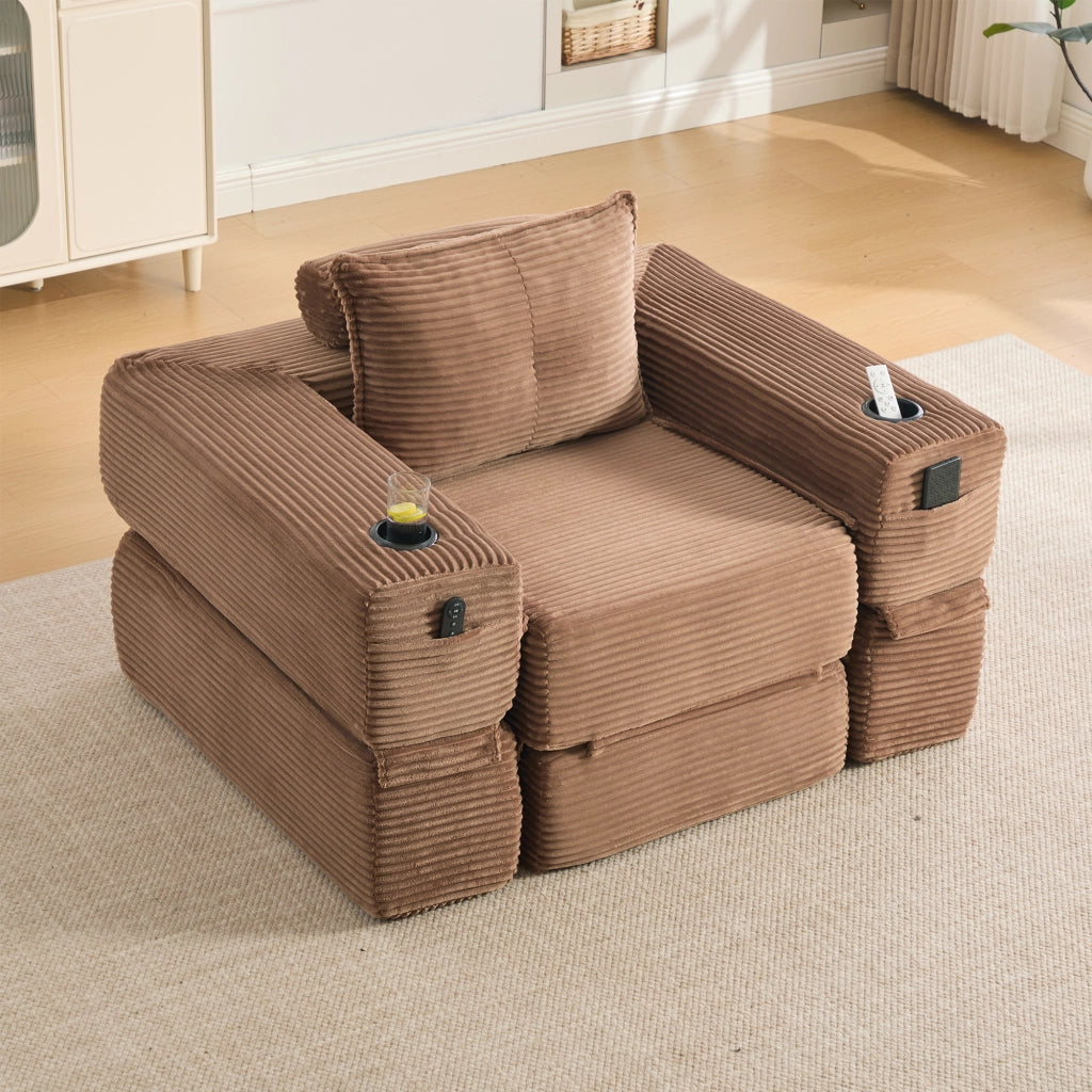 Divano letto modulare in cord con tasche laterali e portabicchieri - marrone - 122×98×80 cm