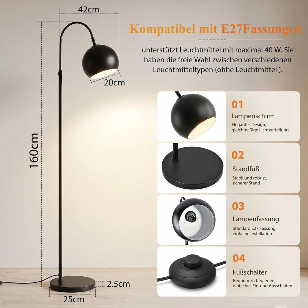 ZMH Lampada da Terra ad Arco E27 Nero Parallume in Metallo Altezza Regolabile 160cm per Soggiorno Senza Lampadina