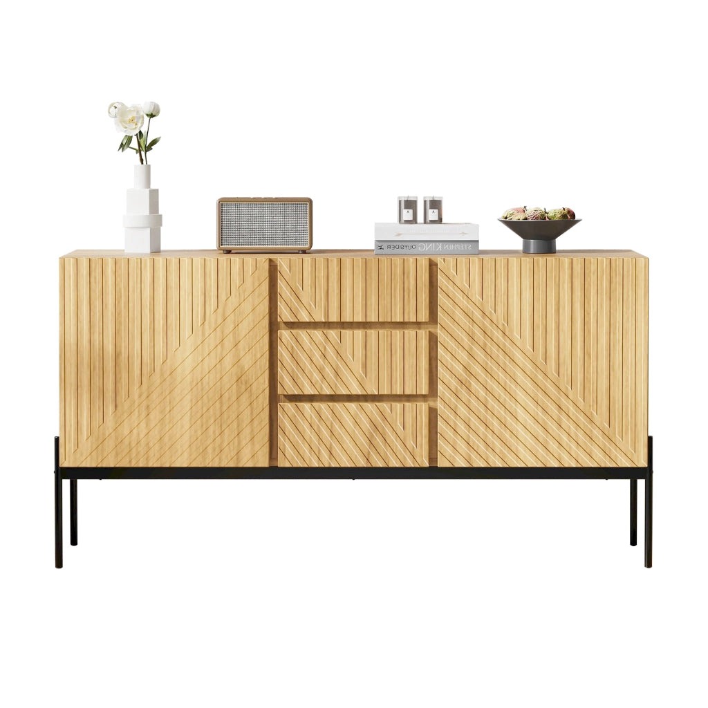 Sideboard moderno con 2 ante e 3 cassetti, struttura in truciolare con gambe in metallo, colore Natural, 140x40x75 cm