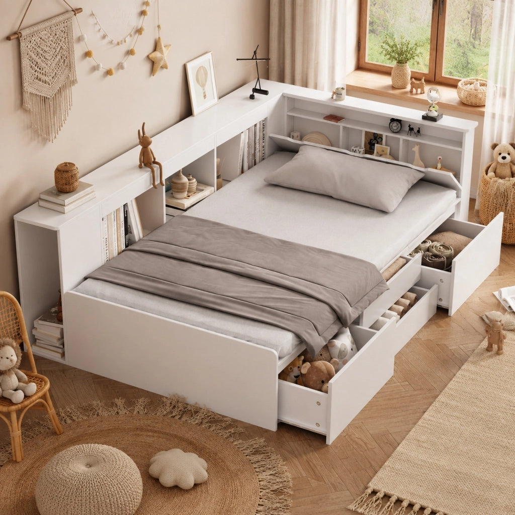 Letto per bambini 90x200 cm bianco con cassetti, libreria laterale e vani contenitore, senza materasso