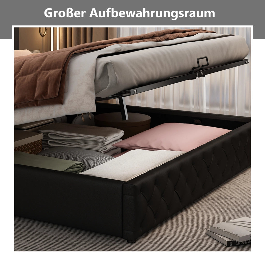 OKWISH Letto Contenitore 140×190 cm, Letto Matrimoniale con Contenitore Idraulico, LED Regolabile e Testiera, senza Materasso, in PU, Nero