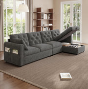 Divano angolare letto 281x132x86 cm con vano contenitore e tasca laterale in velluto grigio