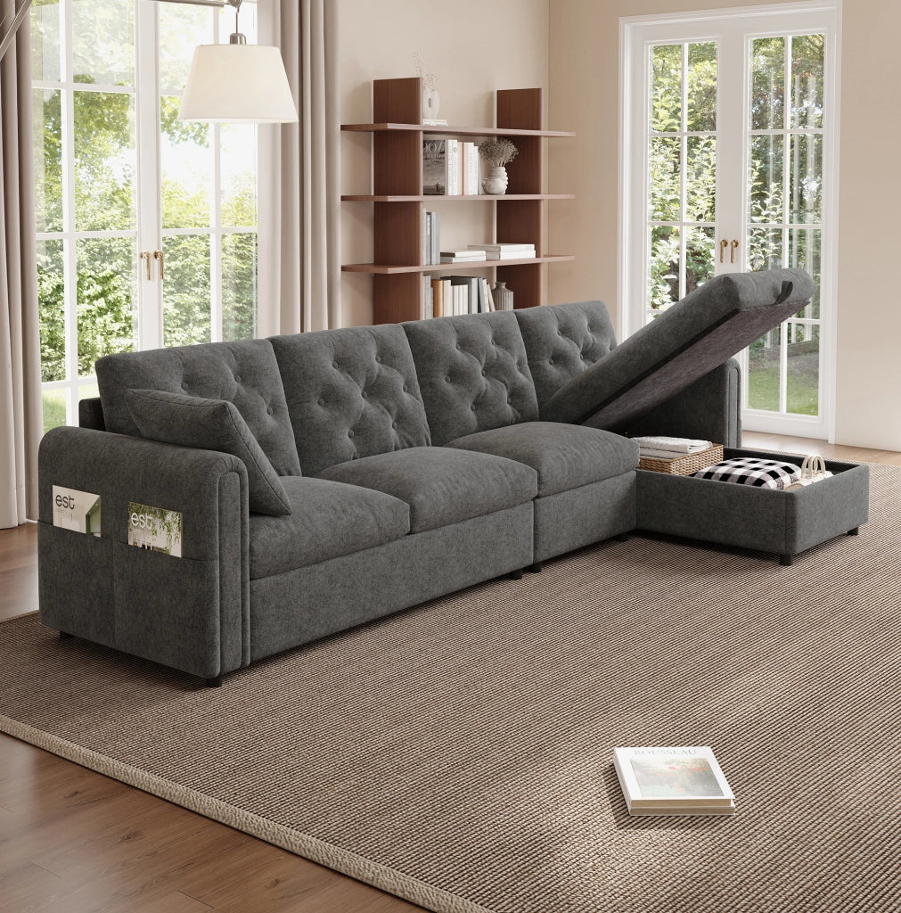 Divano angolare letto 281x132x86 cm con vano contenitore e tasca laterale in velluto grigio