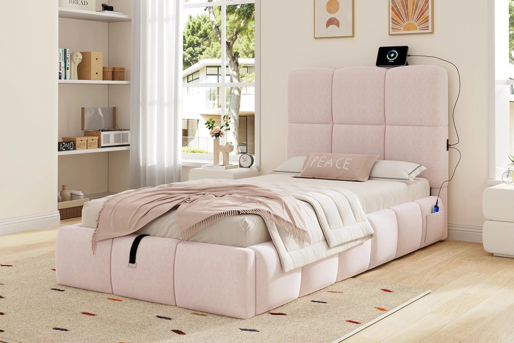 Letto per bambini singolo 90 × 200 cm con contenitore idraulico, USB e porta tipo C, senza materasso, rosa