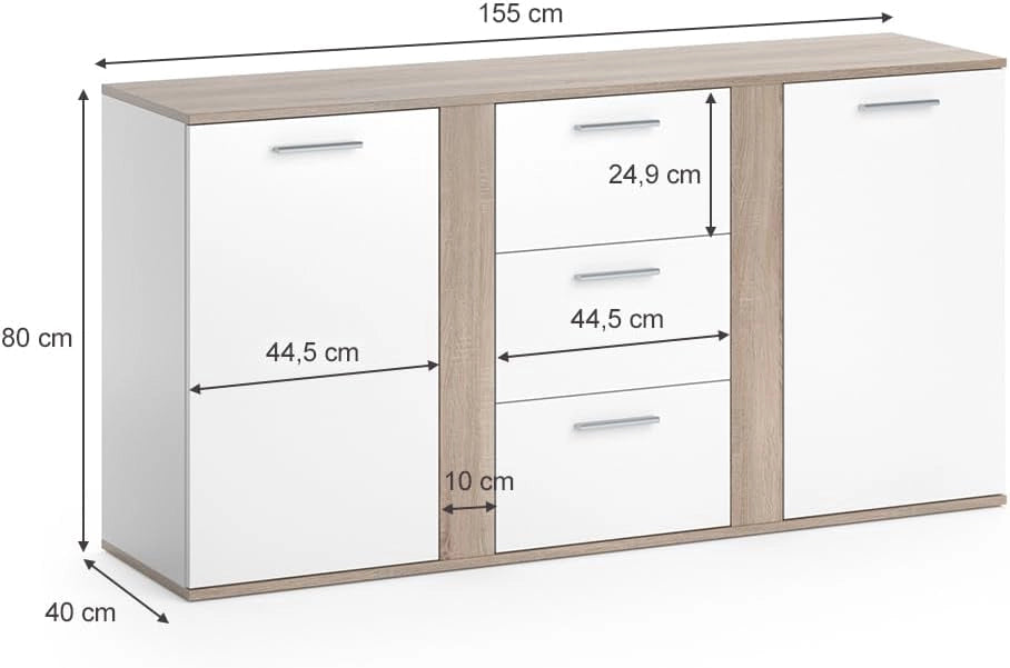 Credenza Novelli, Bianco/Sonoma, 155 x 80 cm con cassetti