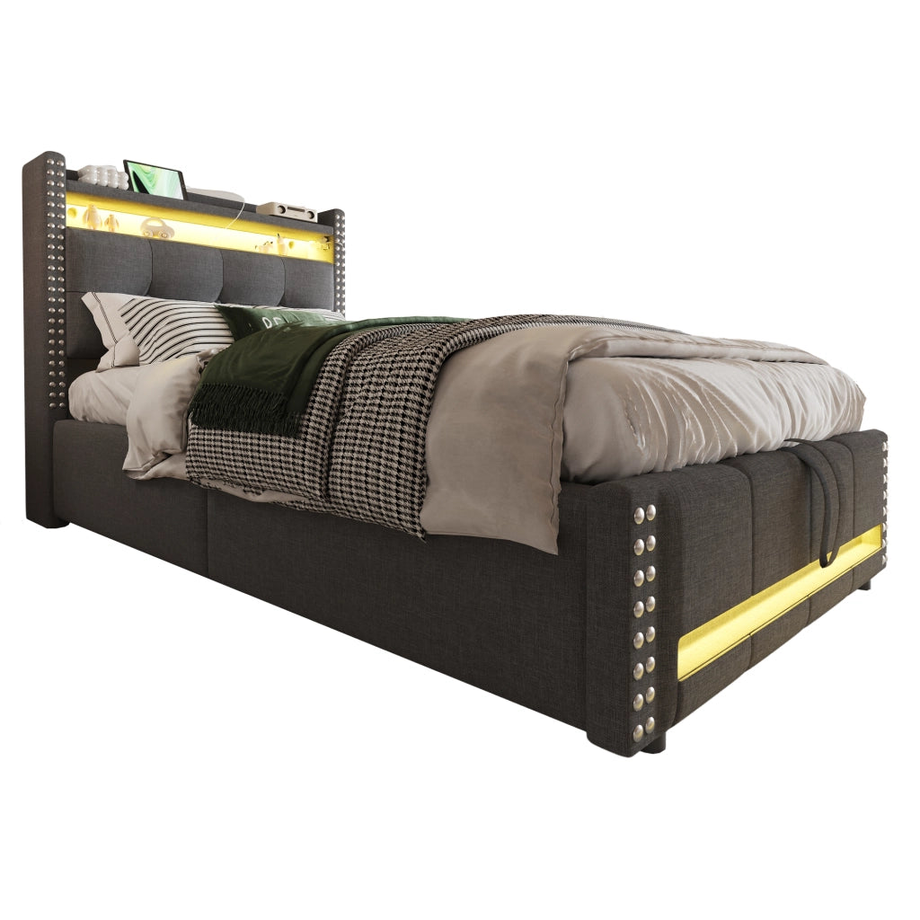 DESMIU Letto per bambini 90 × 200 cm con LED, USB, vano contenitore e idraulico, senza materasso, lino grigio