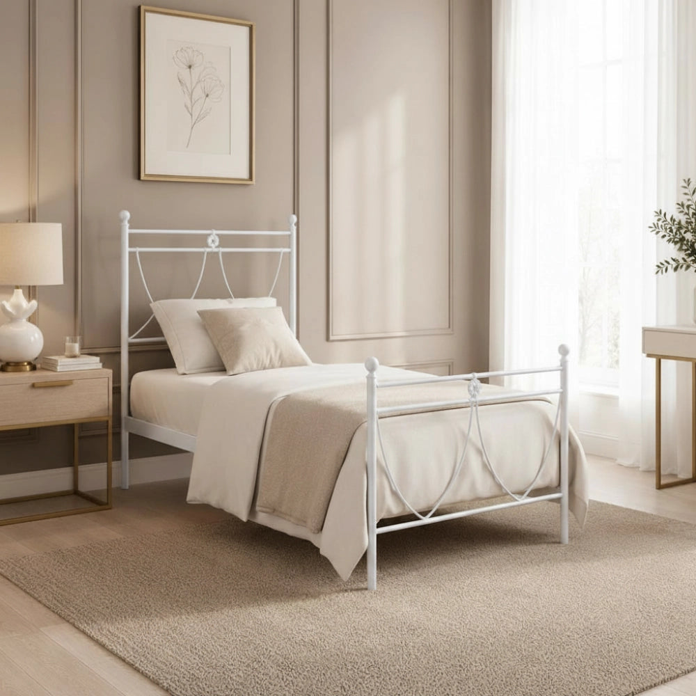Letto in ferro singolo Melissa con decoro floreale bianco opaco 90x200 cm.