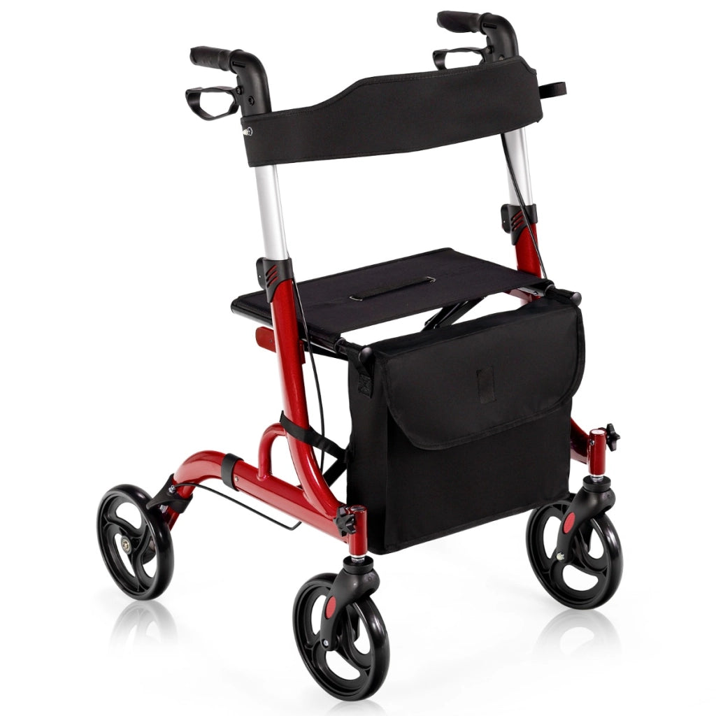 Deambulatore con seduta 2 in 1, Rollator pieghevole con 4 ruote 20cm maniglie regolabili borsa portaoggetti Rosso-Salute e bellezza