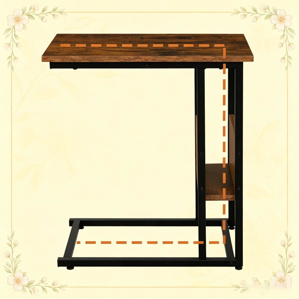Tavolino basso fisso a C con ripiano laterale in legno e metallo marrone rustico per divano e letto 55 × 59,5 × 36 cm