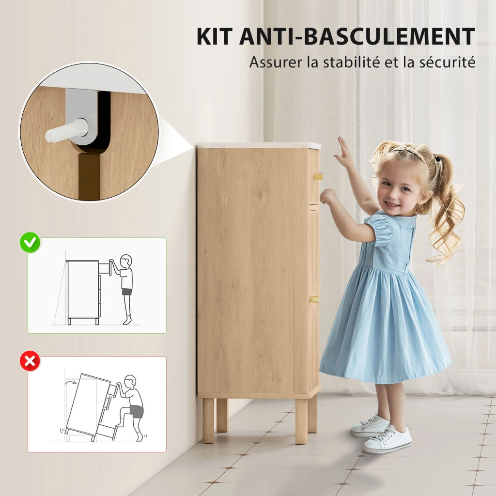 Mobiletto Bagno con Piano Effetto Marmo e Anta Scanalata ¨C Zephmum ¨C 36x30x80 cm Quercia