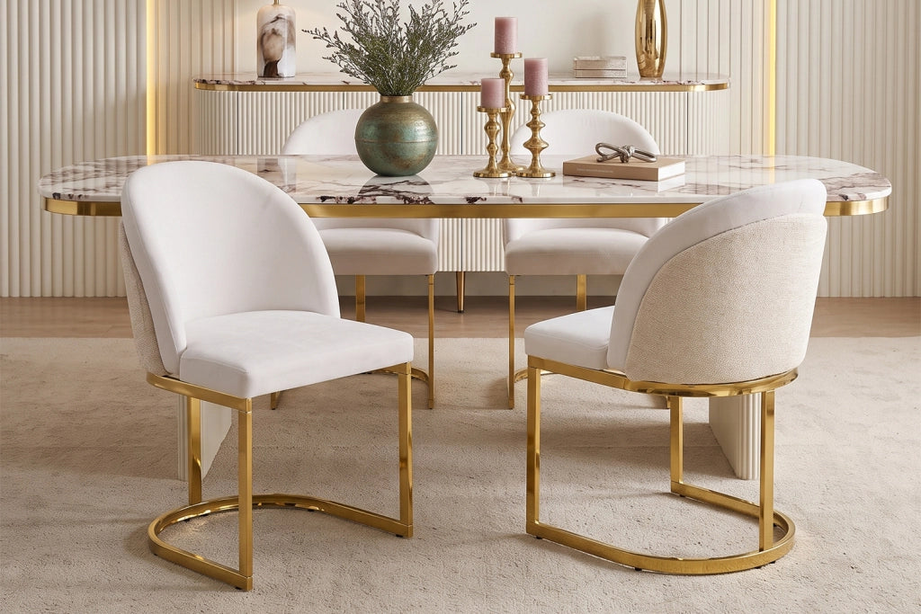Set di 6 sedie da pranzo moderne in Chenille beige e oro, con gambe in metallo galvanizzato