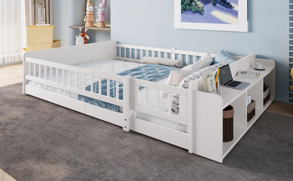 DESMIU Letto Bambino 140 × 190 cm 2 Posti con Vani Aperti, Ripiani e Sponda Apribile, Senza Materasso