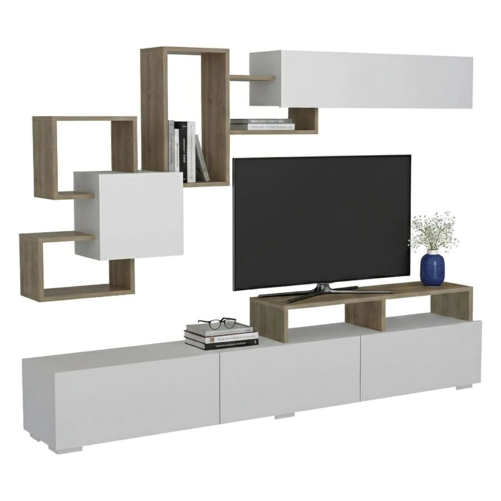 Parete attrezzata Acquifero, Composizione soggiorno, Mobile salotto multiuso, Armadio porta TV, 210x37h47 cm, Bianco e Noce