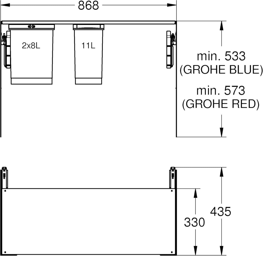 GROHE Blue Sistema Raccolta Rifiuti per Cassetti da 90 cm, 8 L + 8 L + 11 L, Compatibile con Sistemi Blue, 40983000