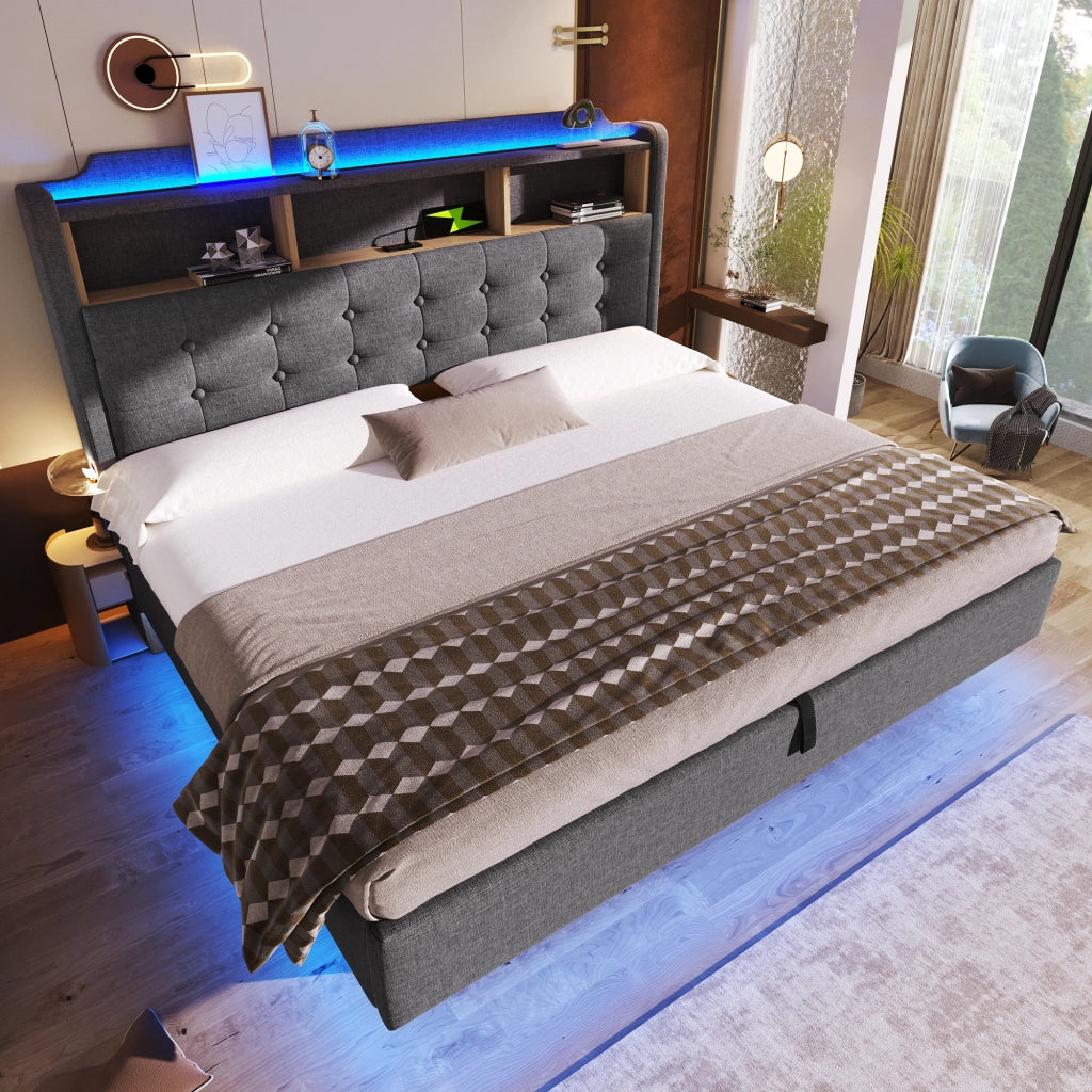 Letto matrimoniale contenitore 180x200 cm effetto sospeso con LED; testiera portaoggetti; USB e USB-C; lino grigio