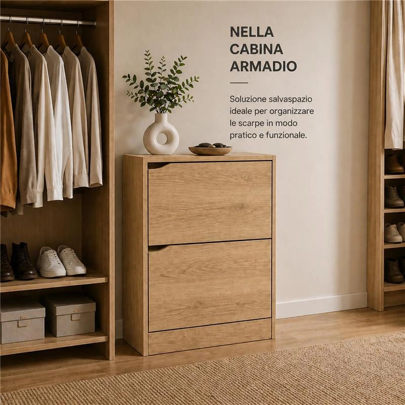 SCARPIERA LINEA HARMON A 2 ANTE E PANNELLO RETROSTANTE IN MDF COLORE ROVERE DIMENSIONI 63X24X80 CM