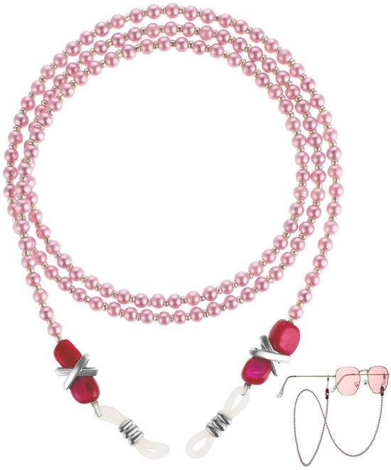 Catenaccio di acciaio inox - Cavo di collegamento - Flessibile con guanciali in silicio e perle di cristallo - 1 pezzo - Adatto per occhiali da sole e da lettura in rosa