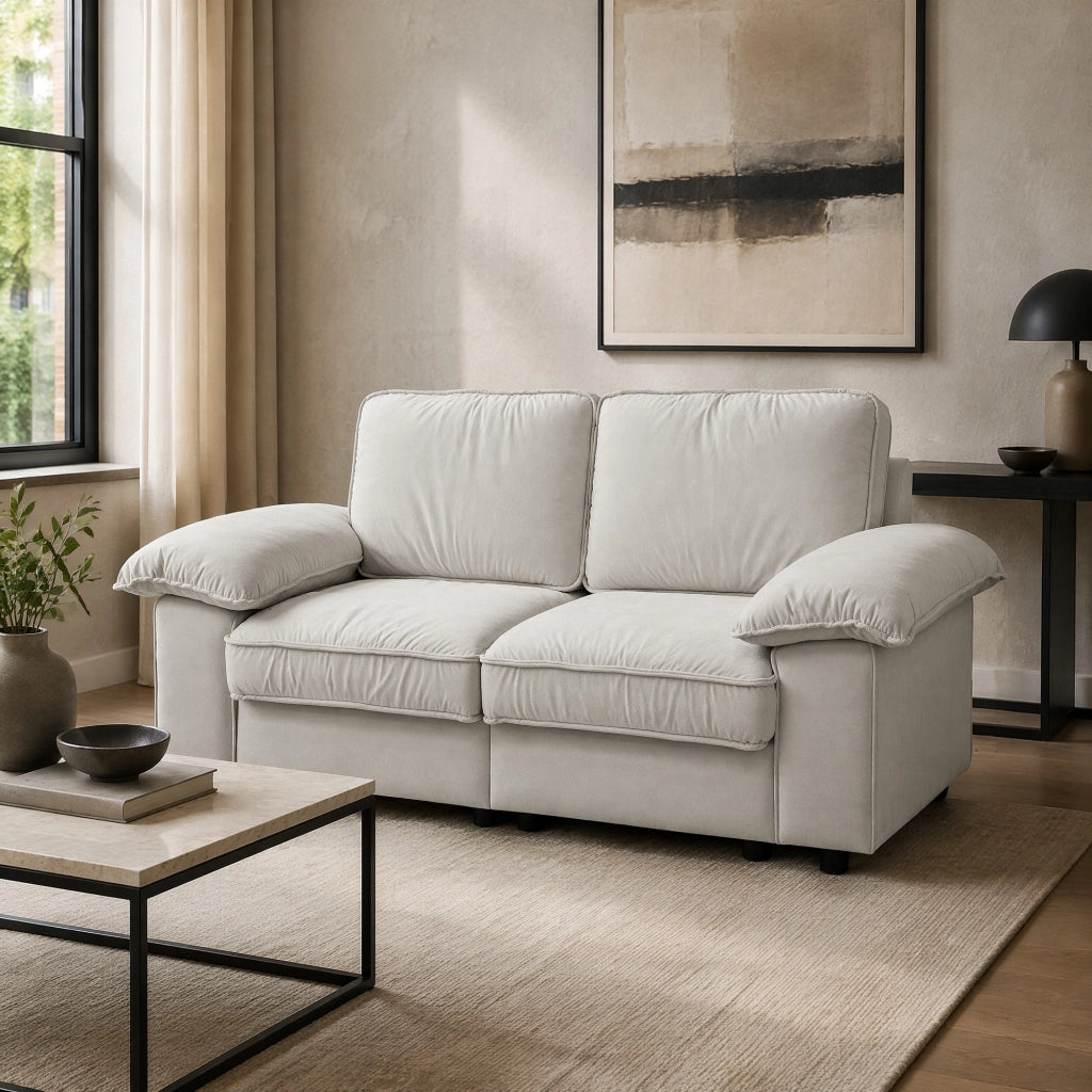 Divano Lineare con Vano Contenitore, Braccioli Larghi e Cuscini Rimovibili, in Legno Bianco Crema