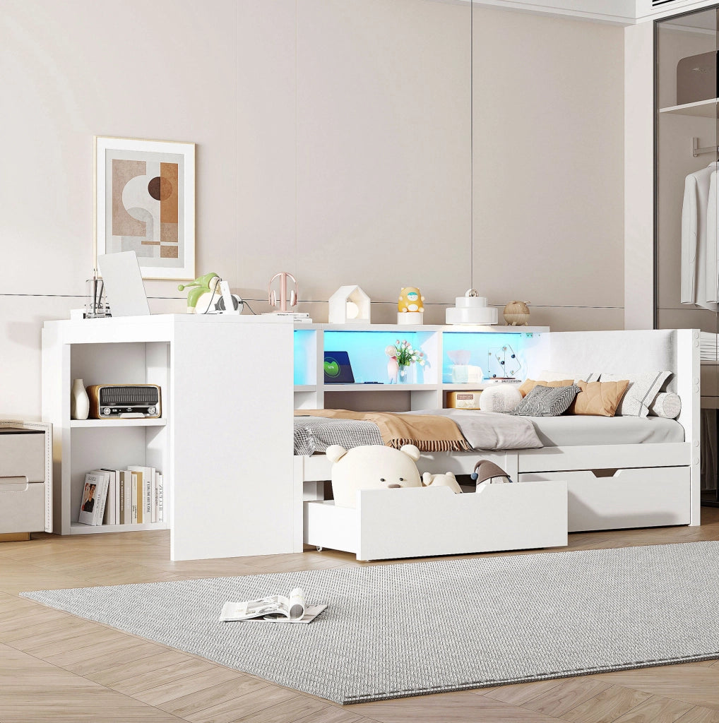 Letto 90x200 cm con testiera imbottita; LED e stazione di ricarica in MDF bianco
