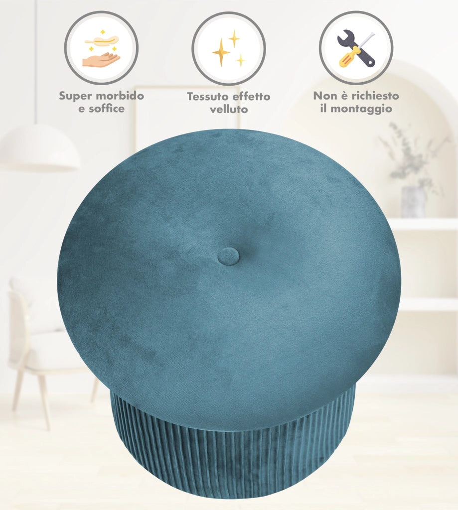 Pouf Contenitore in Velluto a Forma di Fungo – Poggiapiedi e Seduta Moderna 38x44 cm, Design Elegante Disponibile in 4 Colori Petrolio